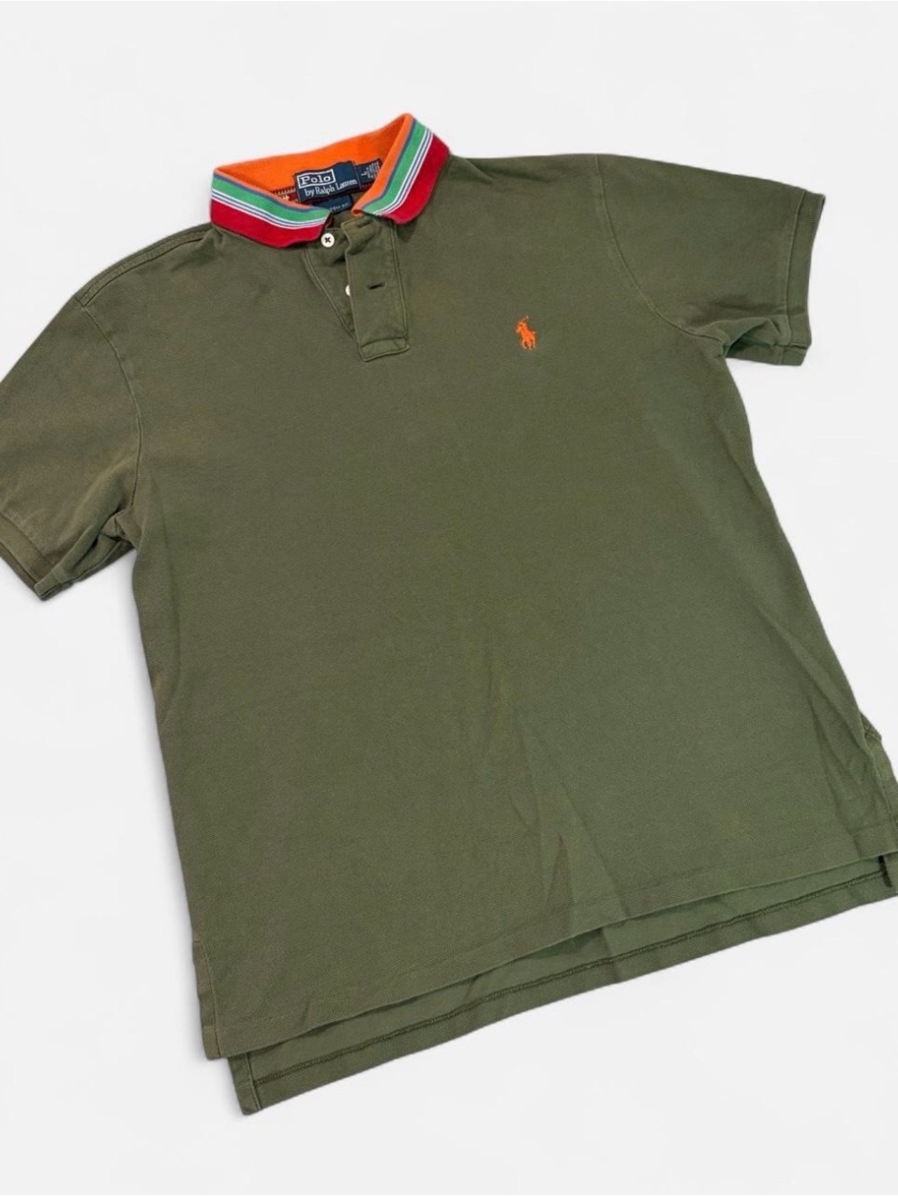 Polo by Ralph Lauren Olive Polo with Orange & Multicolor Stripe Collar